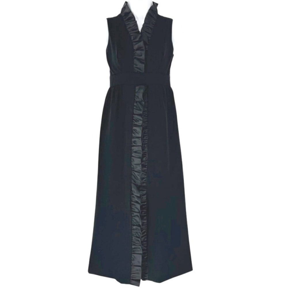 Vintage Handmade Black Sleeveless Ruffle Satin Maxi Dress Slit Shorts Goth Glam
